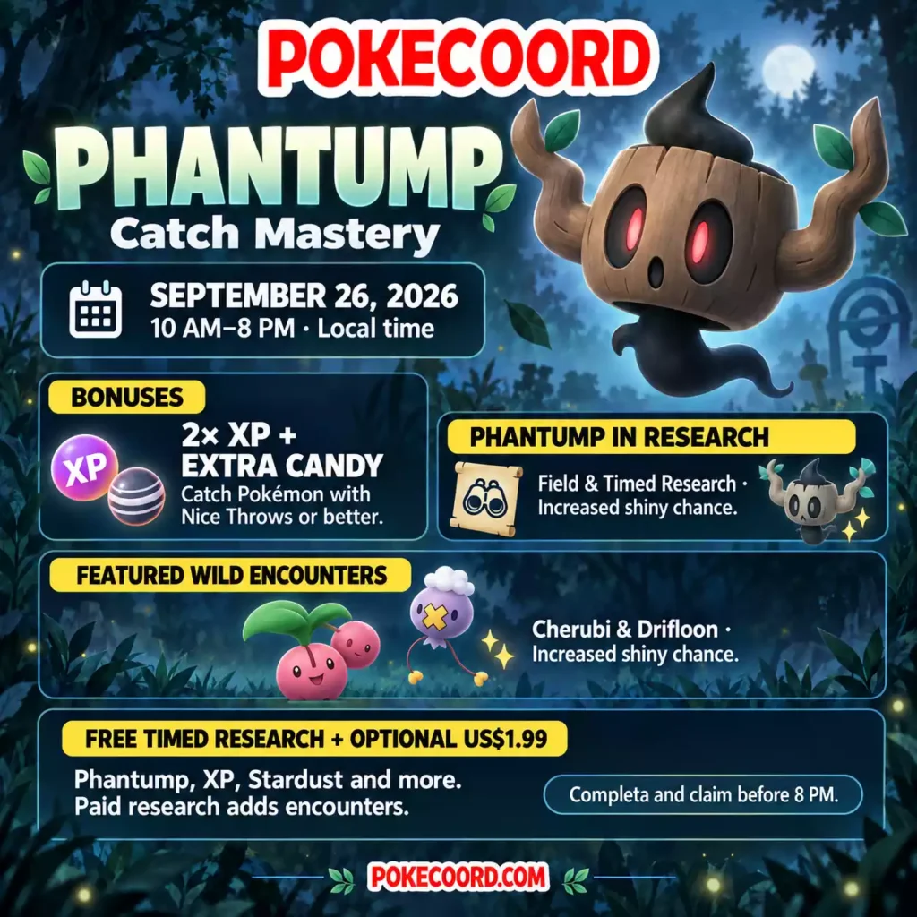 Phantump floating in a misty forest with the title “Phantump Catch Mastery” and PokeCoord branding.