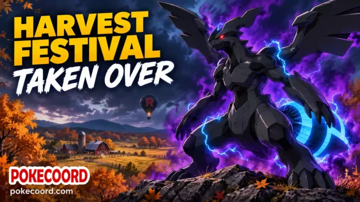 Shadow Zekrom surrounded by purple aura and blue lightning over an autumn landscape, with “Harvest Festival: Taken Over” and PokeCoord branding.