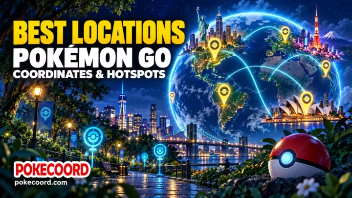 Best Pokémon GO locations and coordinates worldwide, illustrated with a globe, location pins and landmarks from New York, Tokyo and Sydney