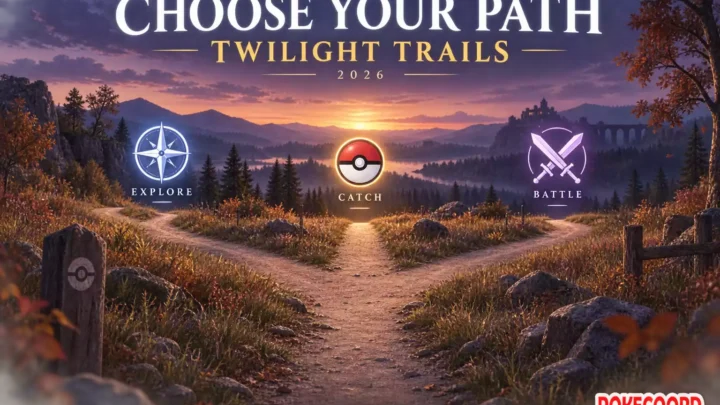 Three branching trails at dusk representing Explore, Catch and Battle, with “Choose Your Path: Twilight Trails 2026” and the PokeCoord logo