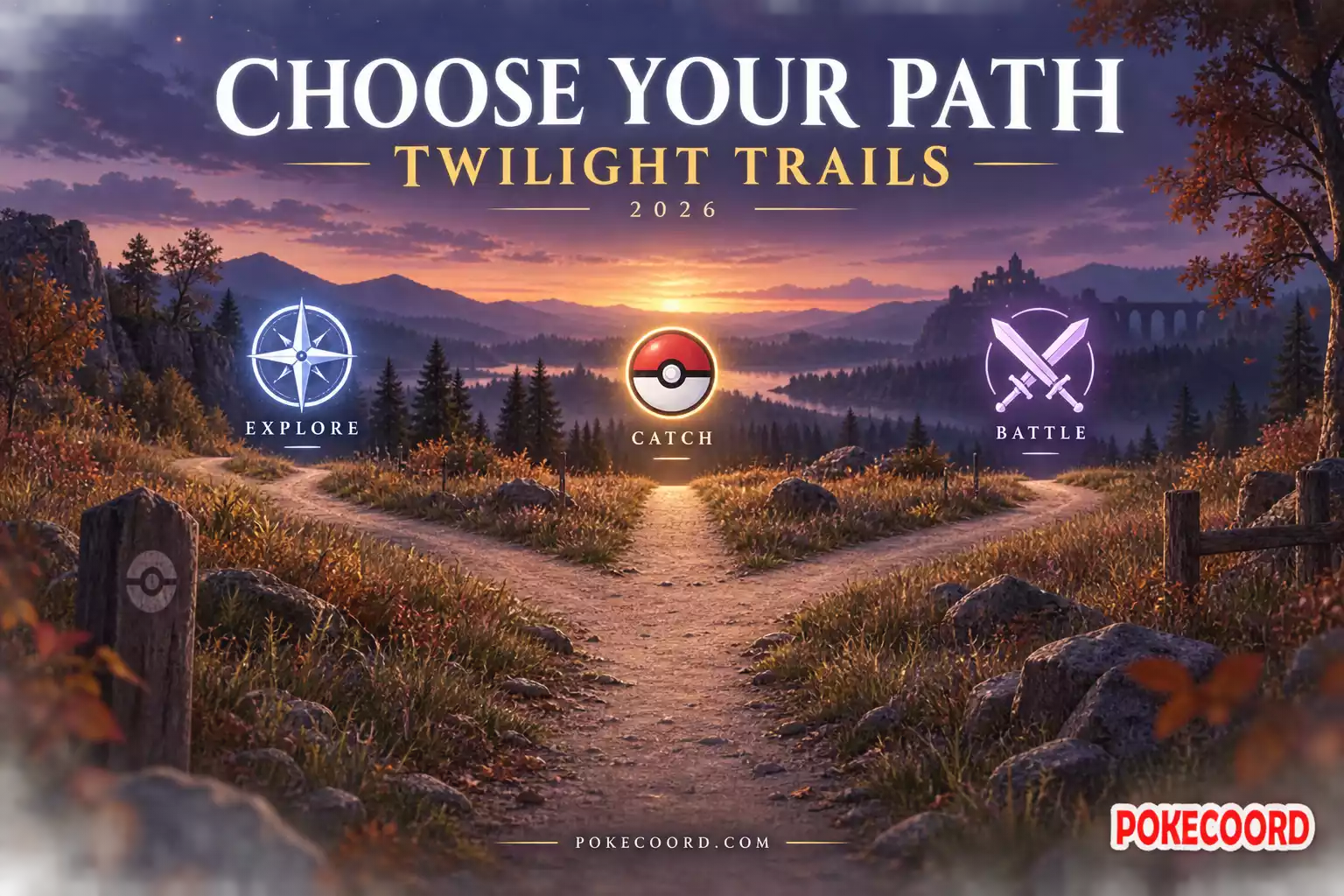 Three branching trails at dusk representing Explore, Catch and Battle, with “Choose Your Path: Twilight Trails 2026” and the PokeCoord logo