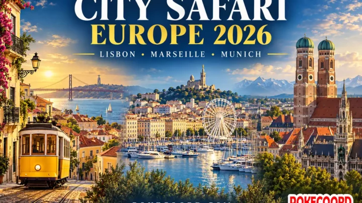 Illustrated landmarks of Lisbon, Marseille and Munich with the title “City Safari Europe 2026” and the PokeCoord logo.