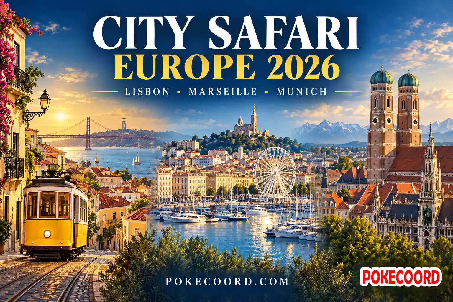 Illustrated landmarks of Lisbon, Marseille and Munich with the title “City Safari Europe 2026” and the PokeCoord logo.