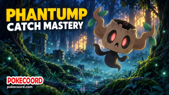 Phantump floating in a misty forest with the title “Phantump Catch Mastery” and PokeCoord branding