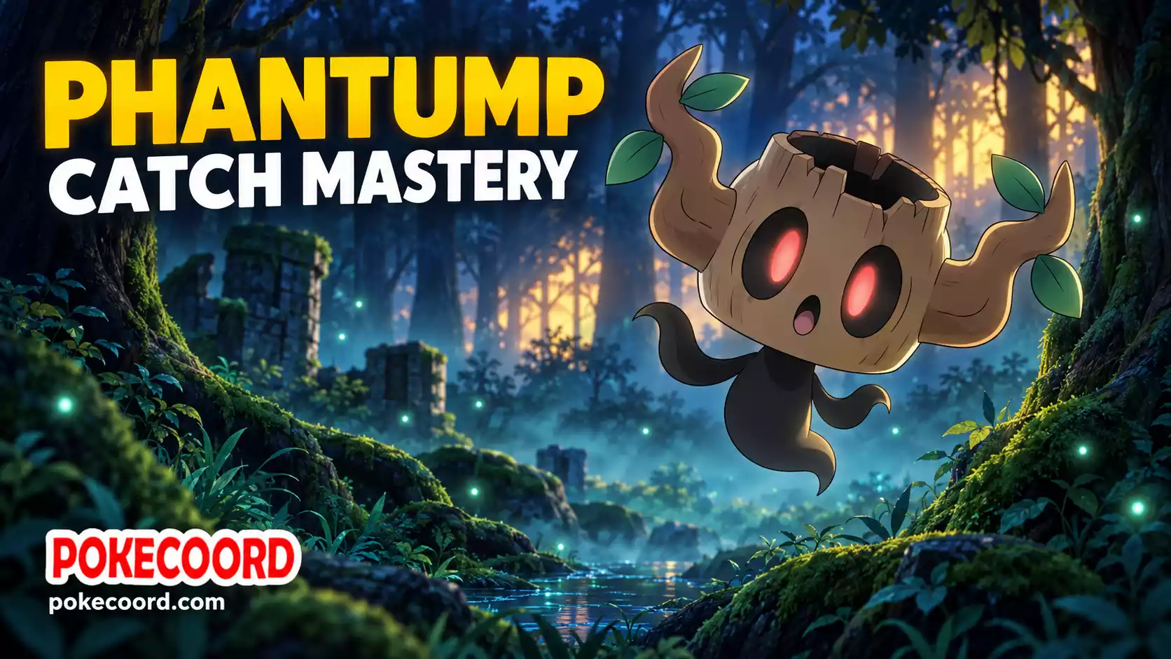 Phantump floating in a misty forest with the title “Phantump Catch Mastery” and PokeCoord branding