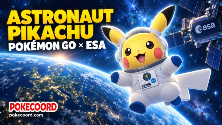 Astronaut Pikachu floating above Earth for the Pokémon GO European Space Agency event.