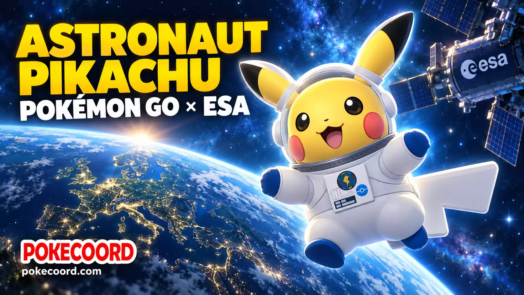 Astronaut Pikachu floating above Earth for the Pokémon GO European Space Agency event.